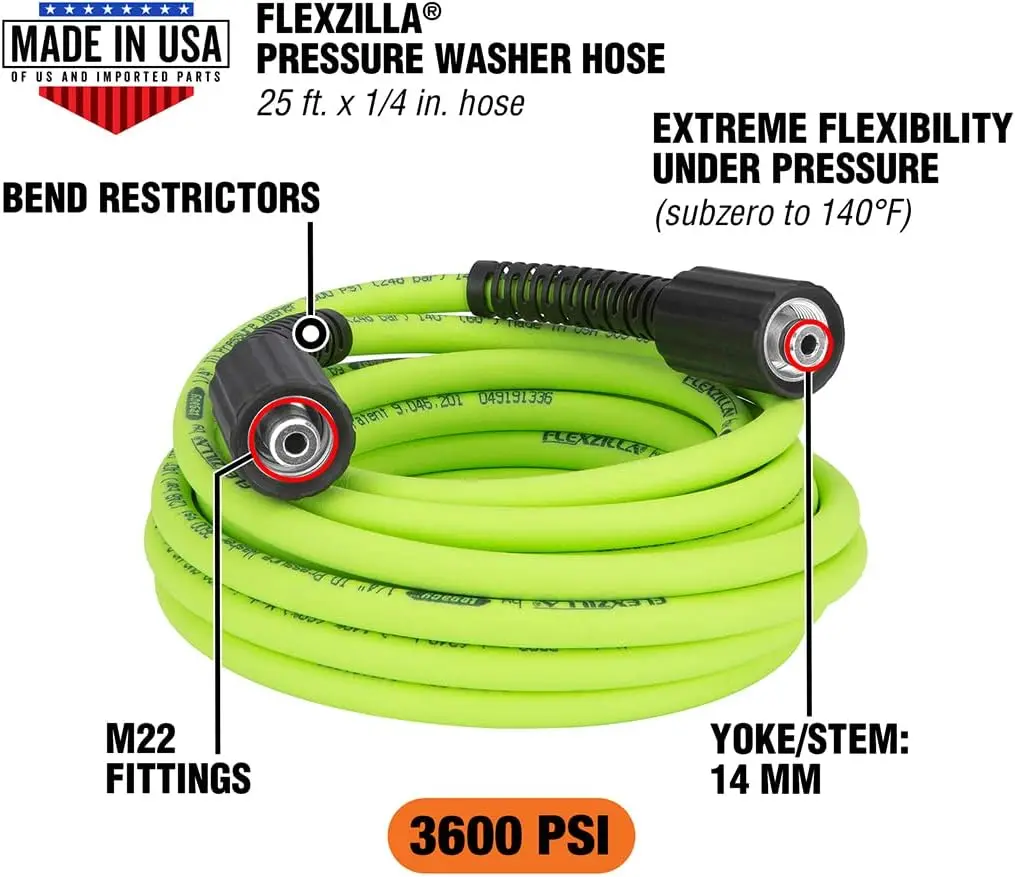 Tubo per idropulitrice ad alta pressione da 25 piedi, 3600 PSI, flessibile e resistente alle pieghe per l'uso con acqua fredda