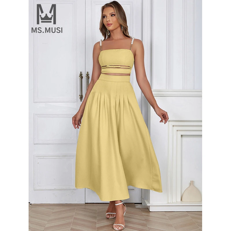 MSMUSI 2024 New Fashion Women Sexy Two Piece Set Bodycon Party Pearl Strap Hollow Out Sleeveless Top Long Maxi Skirt Set Suit