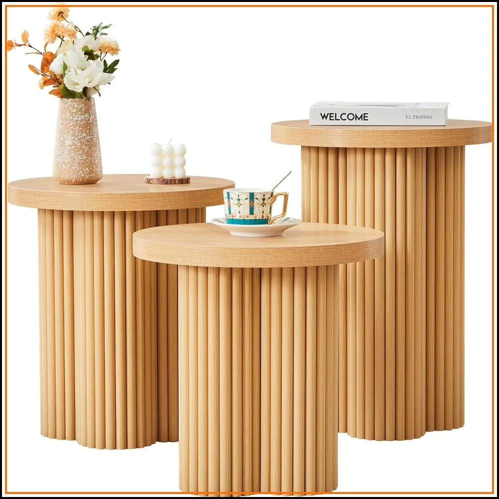 Round Nesting Coffee Table Set of 3 Fluted Coffee Table Natural