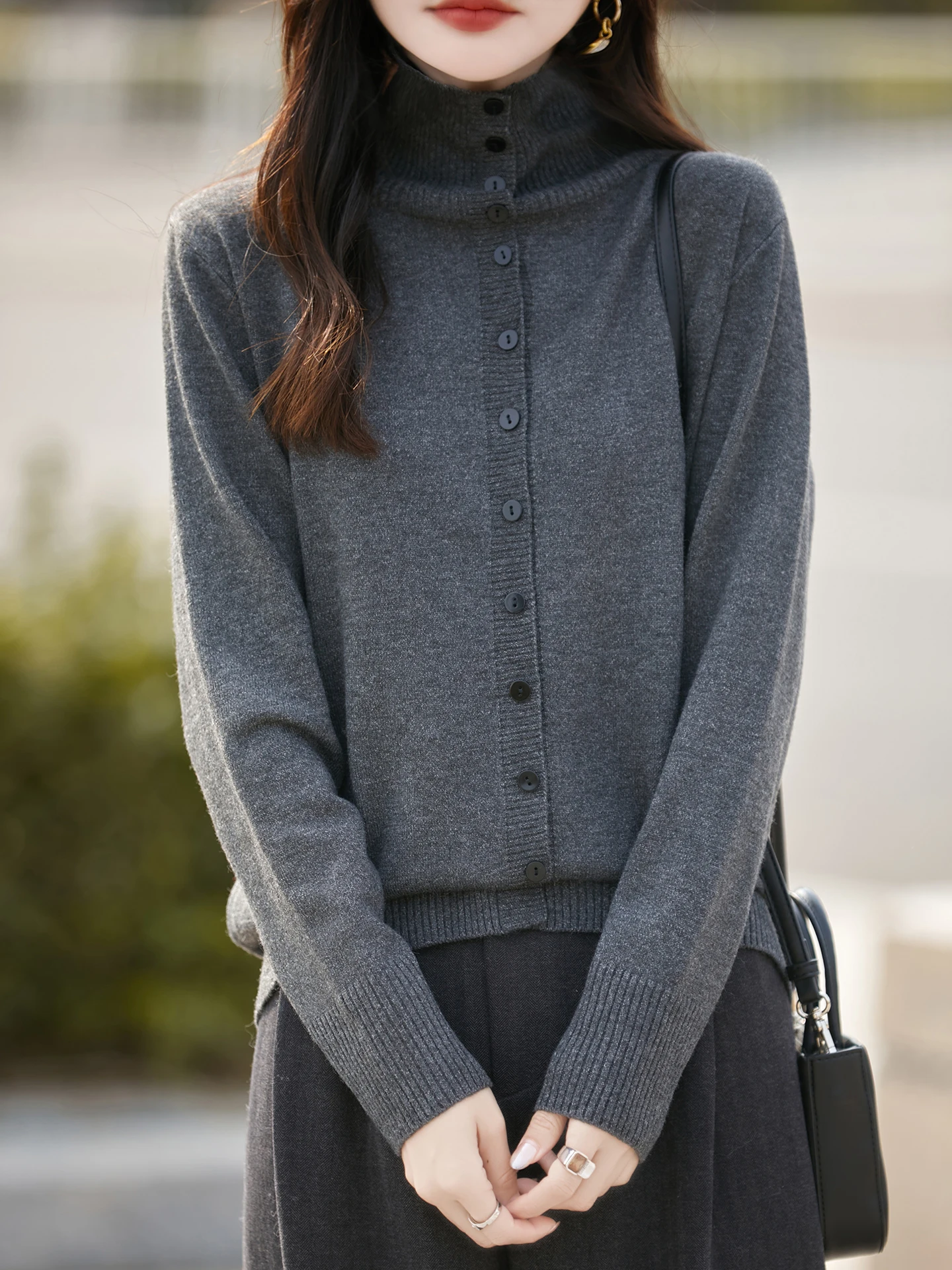 

Ele Vintage High Collar Knitted Open Cardigan Loose Single Button Outerwear Faionable Top Warm Long Sve Sweater