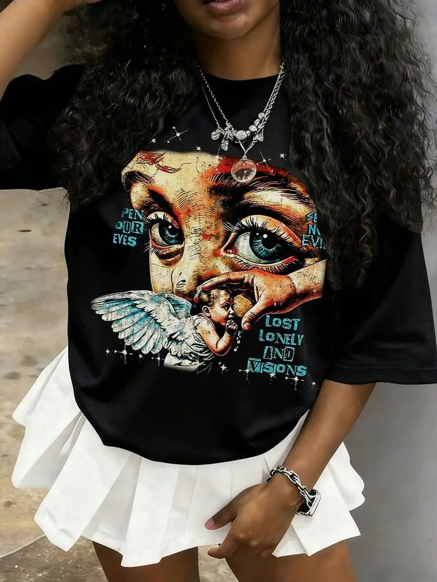 Tween Girl Cotten Clothes,Y2K-Inspired Letter Print T-Shir-Perfect For Spring/Summer/Fall,Fashion, Streetwear, Unisex, Men, Wome