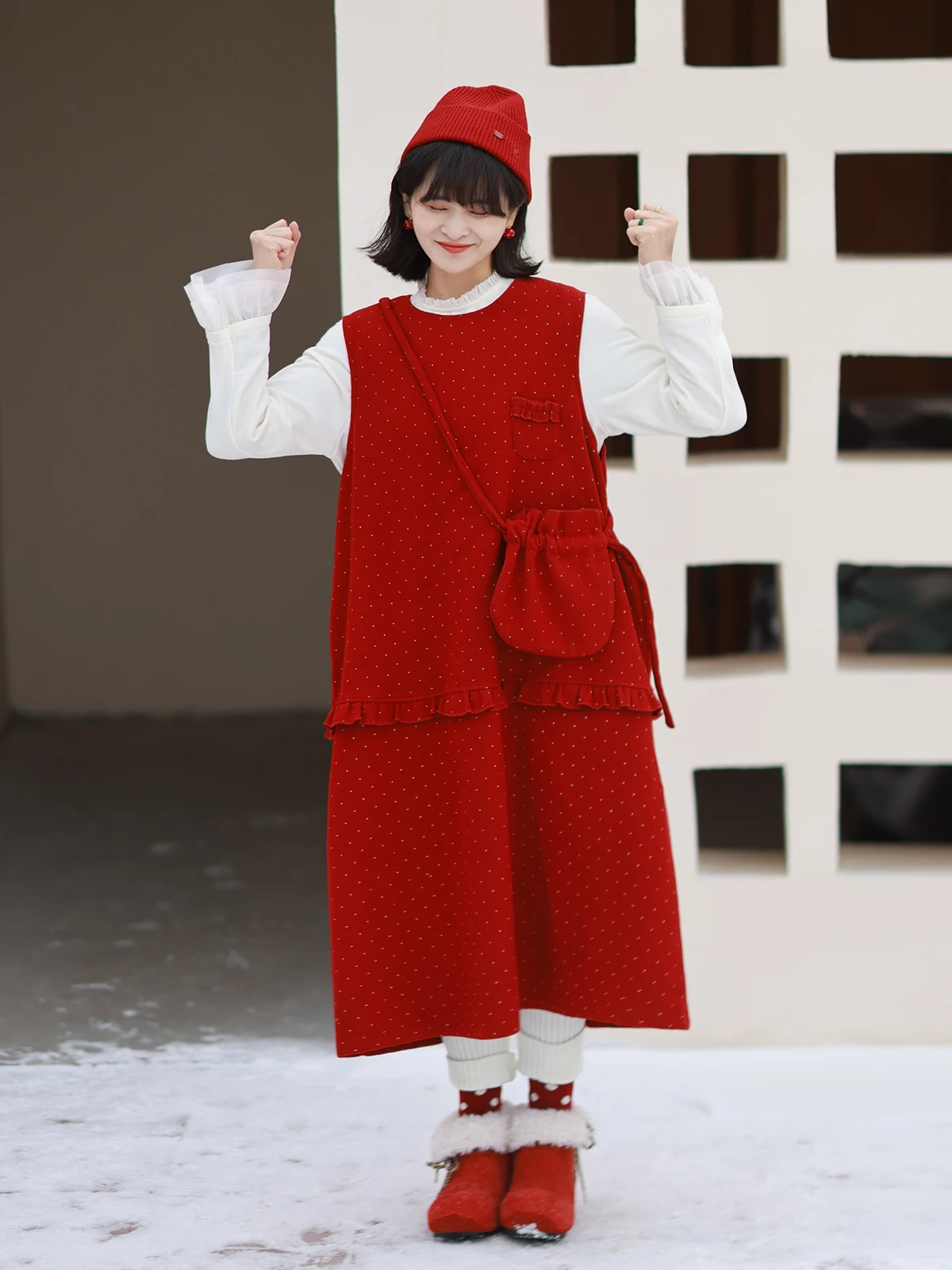 

Red Polka Dot Woolen Vest Dr Original Design New Winter Faion Ladies Casual A-Line Skirt Long Sve Loose Fit round Ne