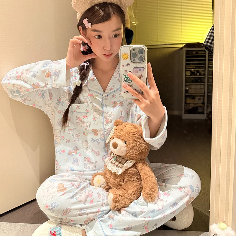 

Pajama Sets Woman Silk Cherry Pajamas Fitting Solid-Color Silky Thicken Kawaii Plaid Nightwear Skin-Friendly Loungewear Theme OL