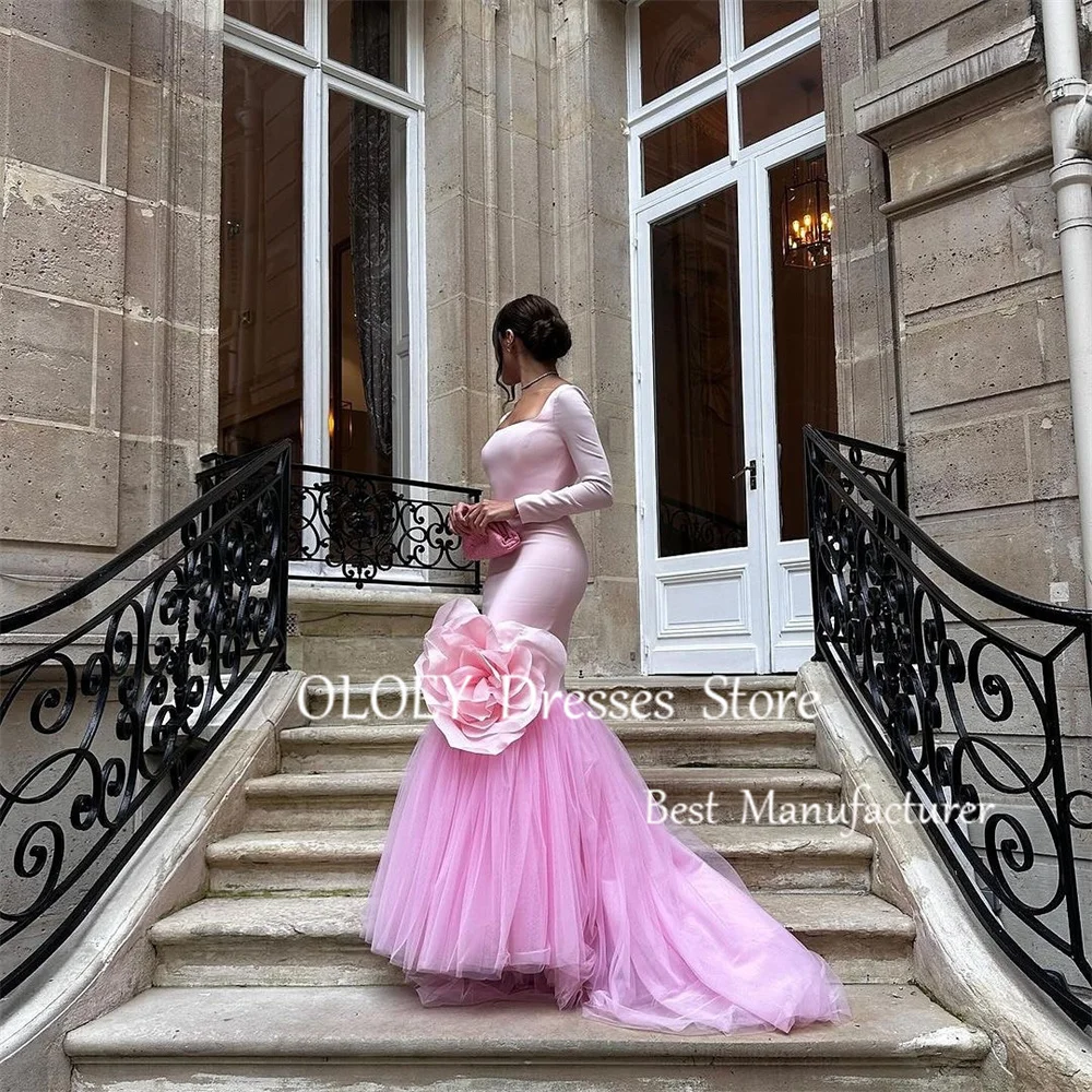 OLOEY-vestido de fiesta de sirena rosa modesto, cuello cuadrado, largo hasta el suelo, vestido de fiesta de boda árabe, vestido de noche de manga larga personalizado