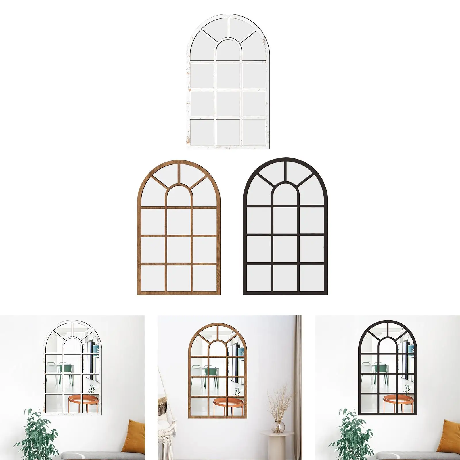 Arched Window Wall Mirror Rustic Wood Acrylic Minimalism Wall Decor Wall Decorative Mirror for Entryway Bedroom Home Decoration