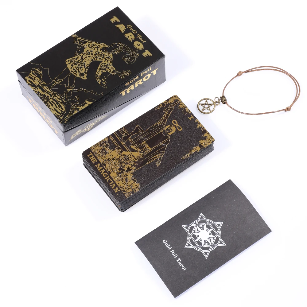 Misterioso Tarot de aluminio dorado, juego de mesa abatible negro, adivinación, caja de regalo impermeable y resistente al desgaste, Manual de instrucciones de lujo