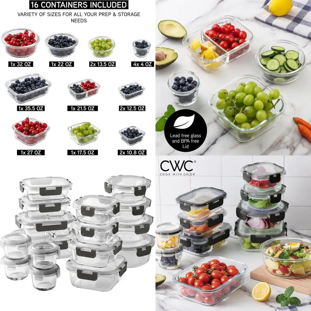 

32-компонентные контейнеры для приготовления еды из боросиликатного стекла с разделителями — 4 прямоугольных, 8 круглых, 4 квадрата — герметичные, Ombre Black Stora