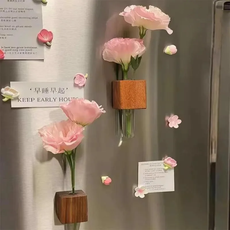 Creative Solid Wood Refridgerator Magnets Vase Flower Cultivation Magnetic Stickers Home Refrigerator Simple Wooden Decoration