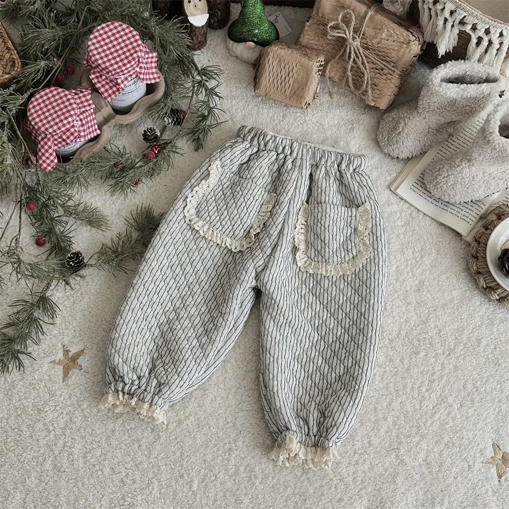 2024 Winter New Baby Plus Velvet Thick Casual Pants Girls Striped Plaid Lace Pants Infant Warm Padded Trousers Toddler Clothes