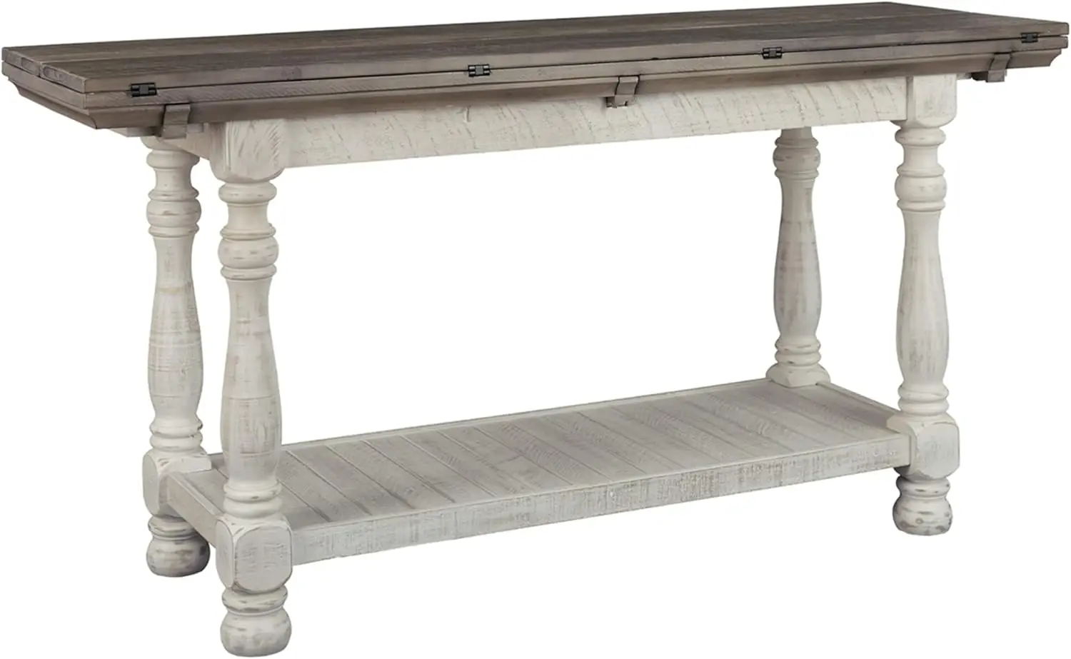 Havalance Farmhouse Sofa Table,Flip Top Design for Additional Dining Space & Fixed Lower Shelf,Gray&White with Weathered Finish