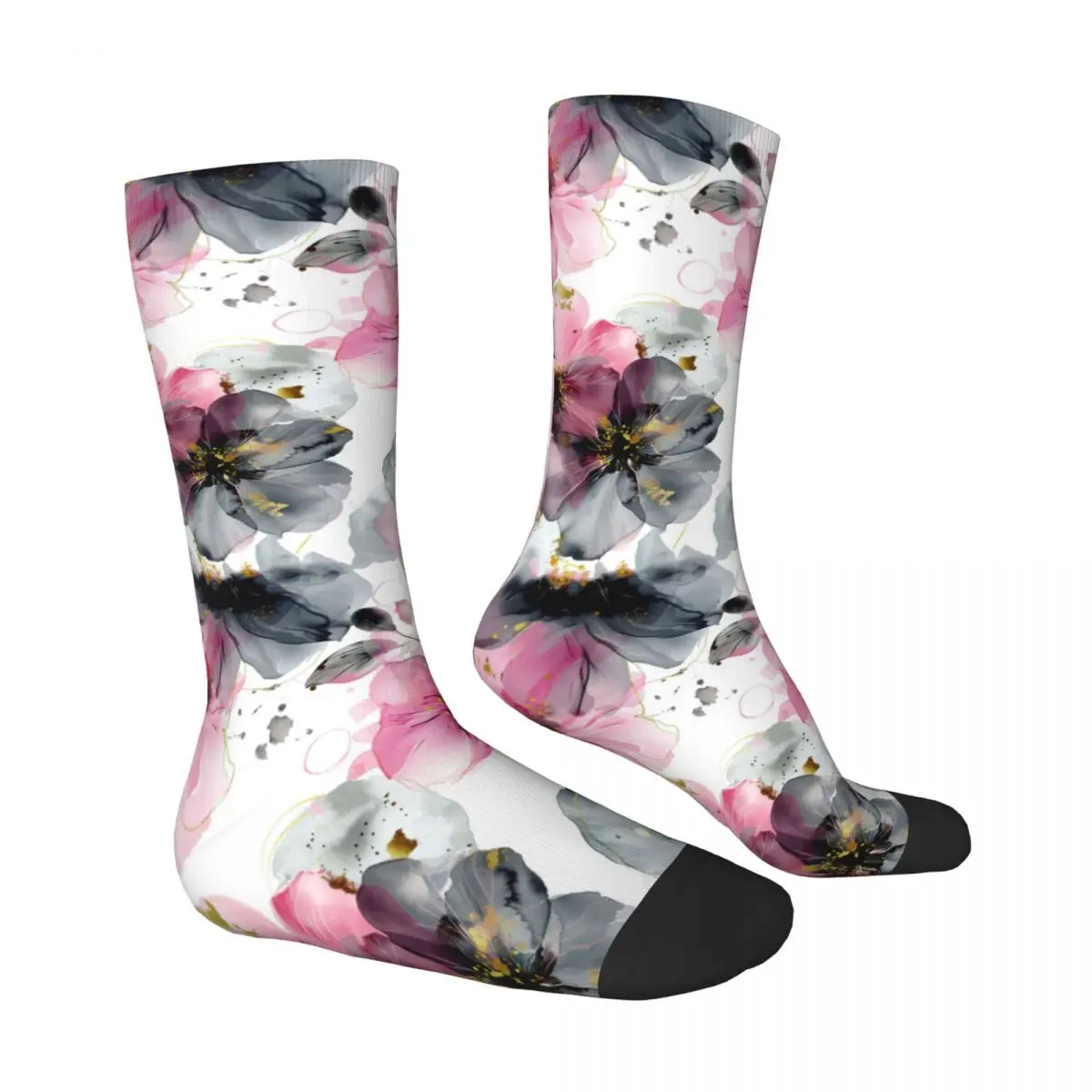 Black Pink Ink and Wash Flowers Socks Male Mens Women Summer Stockings Polyester