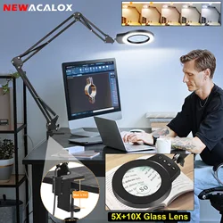 5X 10X Magnifying Glass with 5 Color Modes LED Illuminated Magnifier Long Swing Arm Table Lamp for Reading Craft Close Work