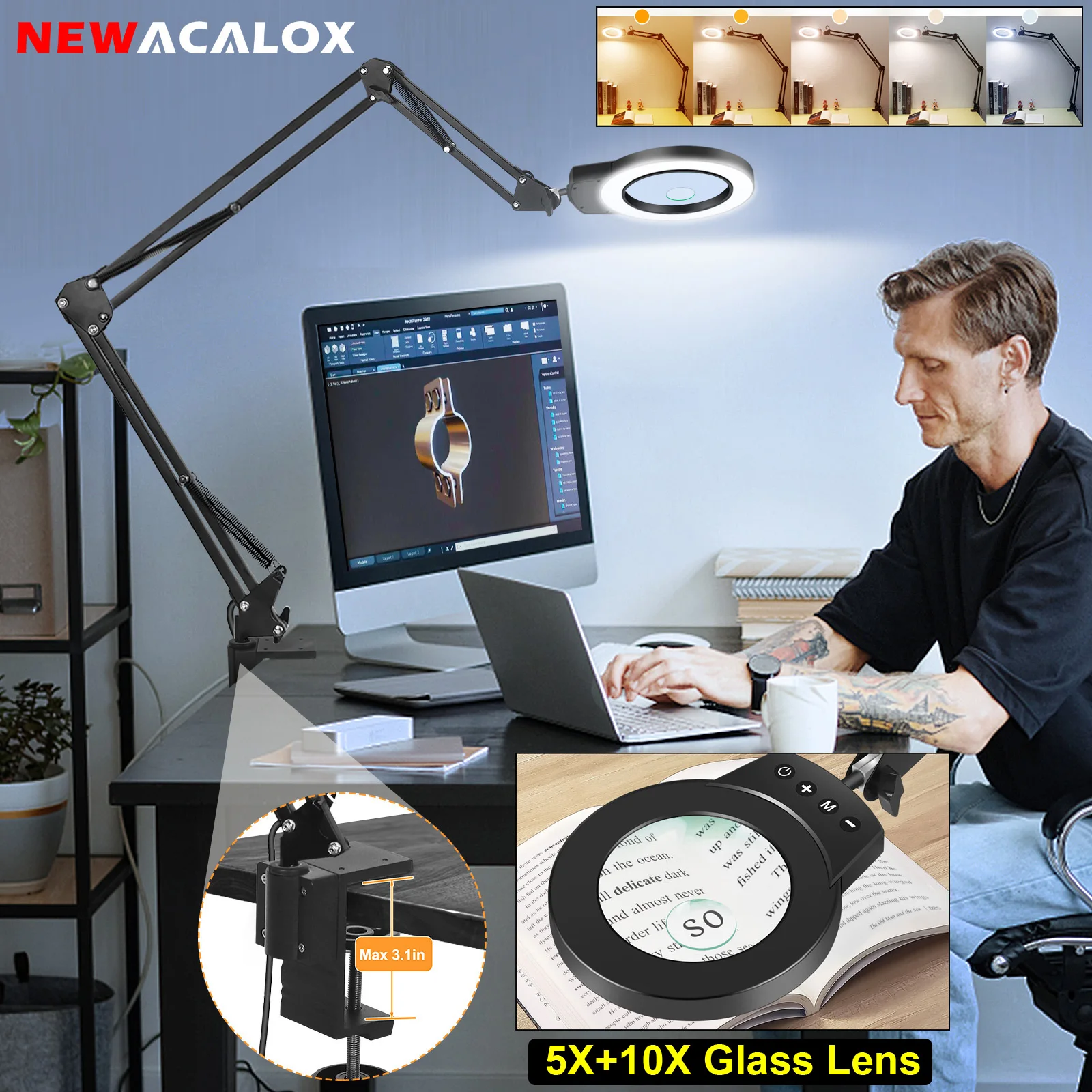 5X 10X Magnifying Glass with 5 Color Modes LED Illuminated Magnifier Long Swing Arm Table Lamp for Reading Craft Close Work