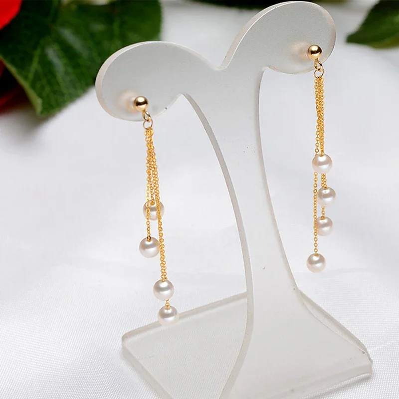 

18k gold beads earring with natural round pearls tassel drop earring in Au750 gold for Women girls Mum DIY wear E736