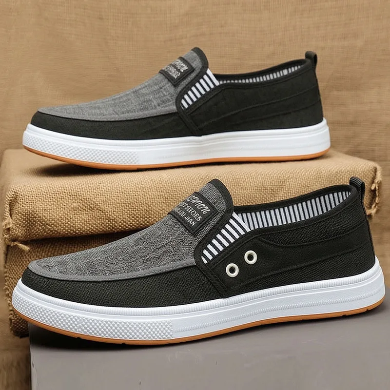 Men Slip On Canvas Loafers Breathable Splicing Upper Lightweight Comfort Flat Sole Daily Casual Footwear