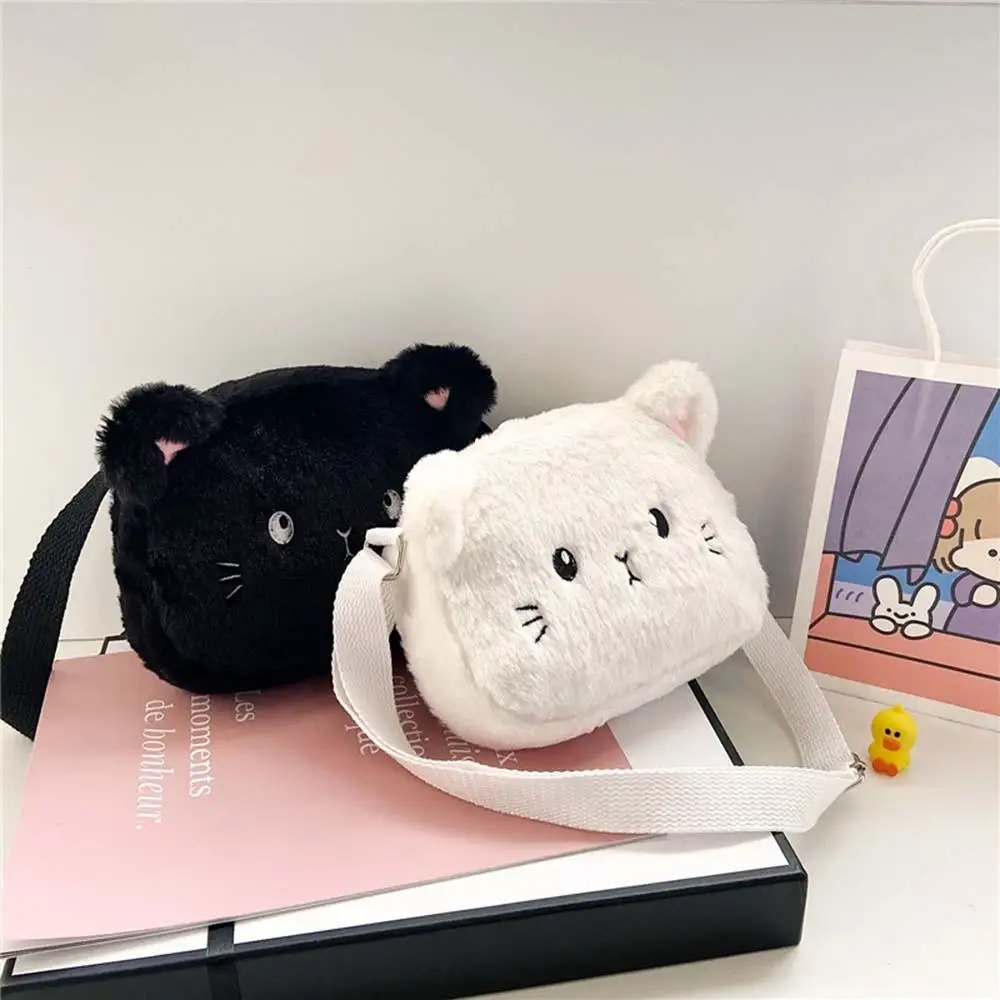 Cartoon Cat Baby Girls Crossbody Bags Cute Soft Plush Children's Shoulder Messenger  Bag Winter Fashion Kids Handbags Coin Purse