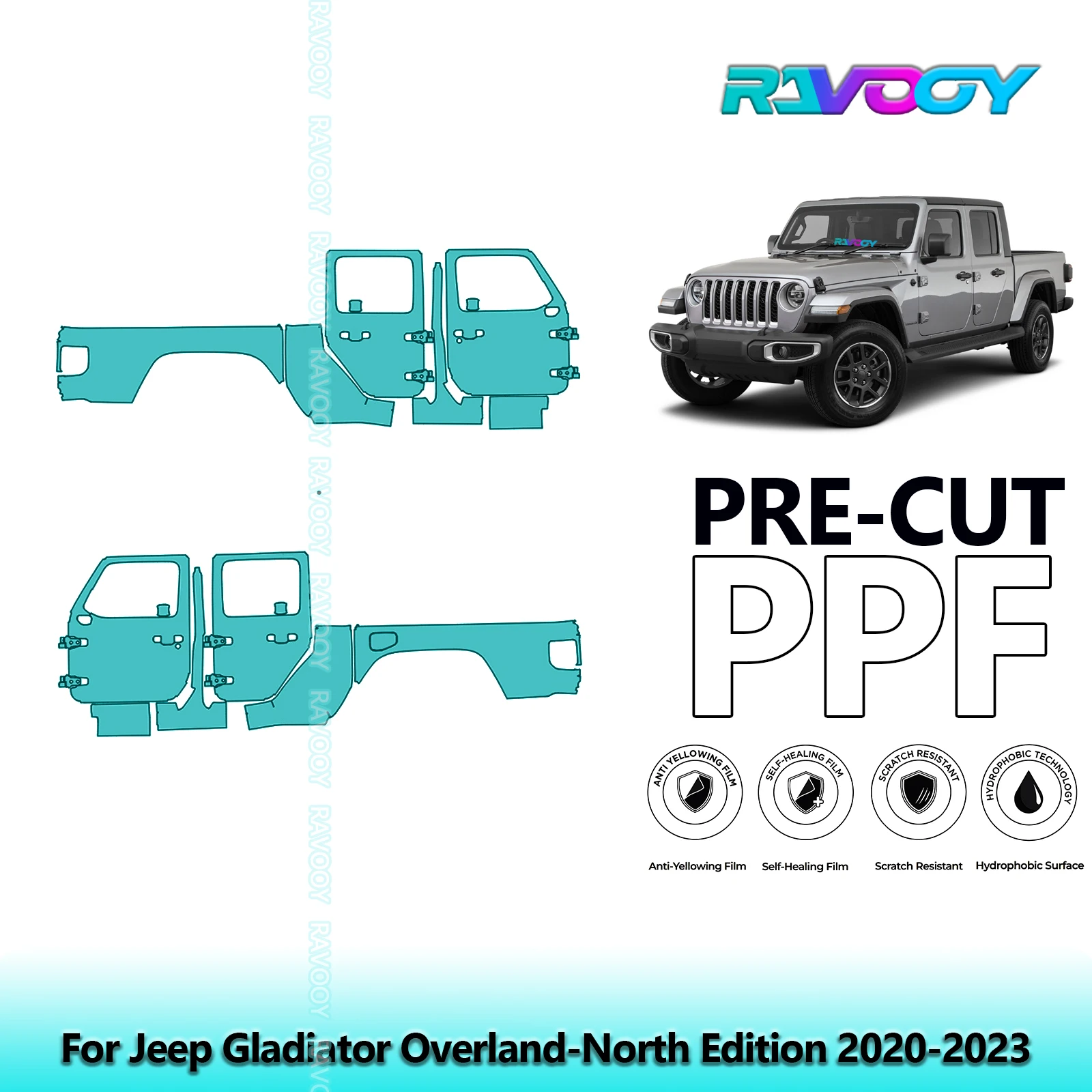 

For Jeep Gladiator Overland-North Edition 2020-2023 8.5mil Pre-Cut PPF Door & A/B Pillar Kit TPU Paint Protection Film Set