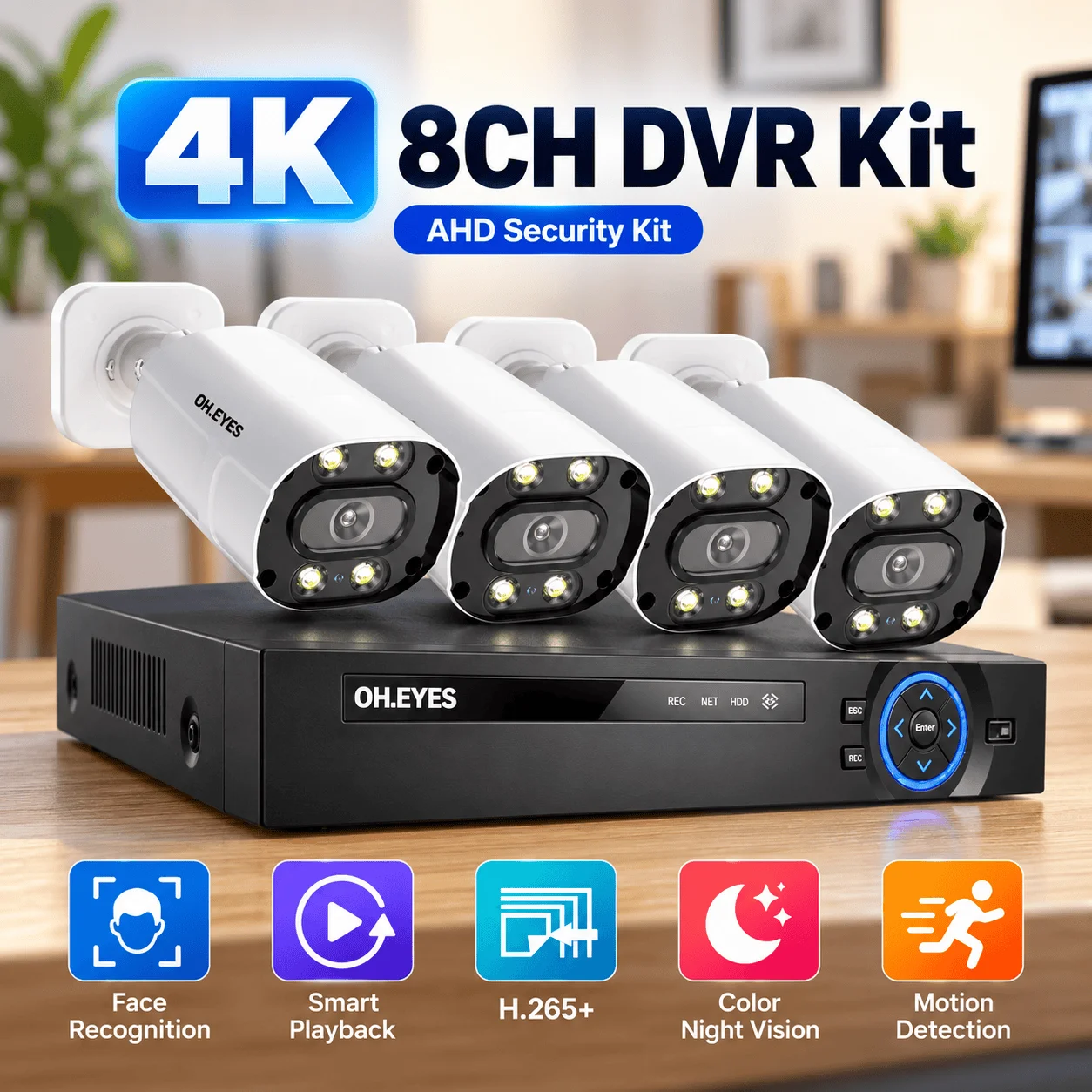 4CH 4K Ultra HD DVR Kit H.265 AHD CCTV Camera Security System Full Color Night Vision 8MP Bullet Camera Video Surveillance Set