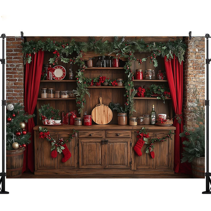 LS Winter Christmas Photography Background Kitchen Cook Window Xmas Trees Kids Family Portrait Decor Backdrop Photo Studio