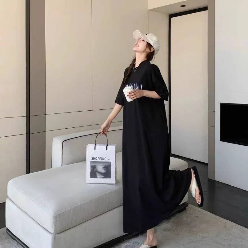 Loose Mid-Length T-Shirt Skirt with Slits Short Sleeve Korean Style Design Summer Fashion Women's Straight Tube Dress