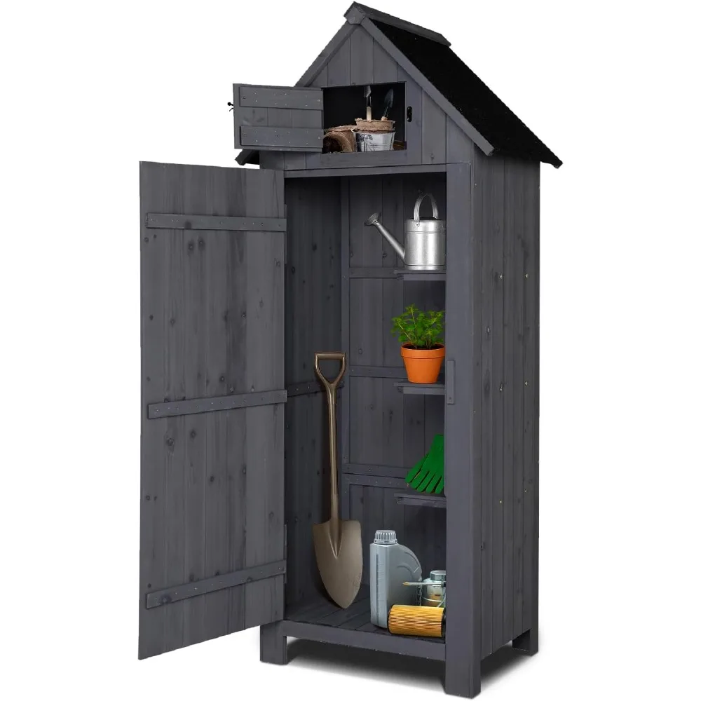 سقيفة تخزين خشبية خارجية من VINGLI: خزانة أدوات الحديقة مع مزلاج أمان ومنظم تخزين الفناء باللون الرمادي الداكن #6
