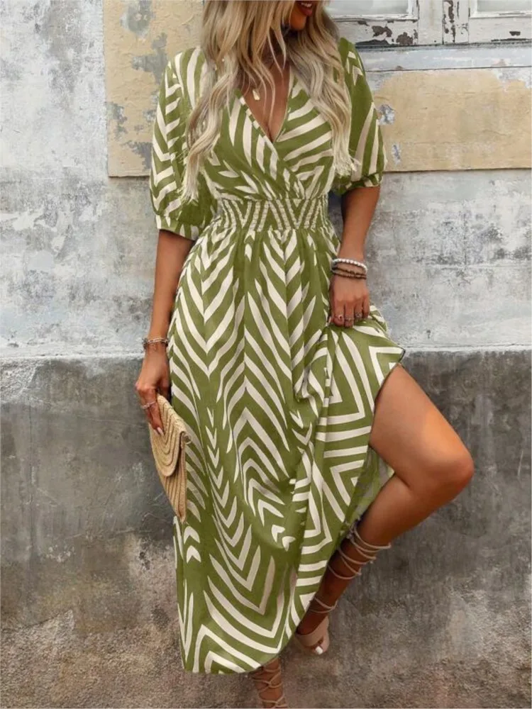 Casual Boho ชุดยาวผู้หญิงฤดูร้อนเซ็กซี่ V คอสั้นแขนยาวเอวสูงพิมพ์ชุดหญิงแฟชั่น Maxi Vestidos