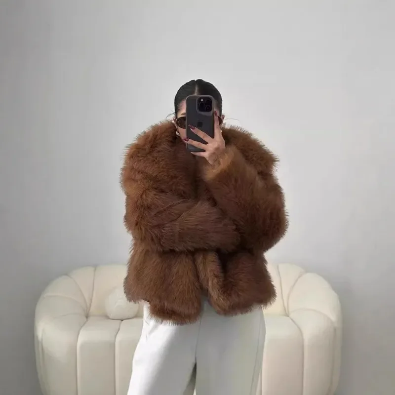 2024 Winter New Fashion Gradient Fluffy Fur Coat Women High Street Luxury Big Fur Collar Faux Fox Fur Jacket Female Overcoats