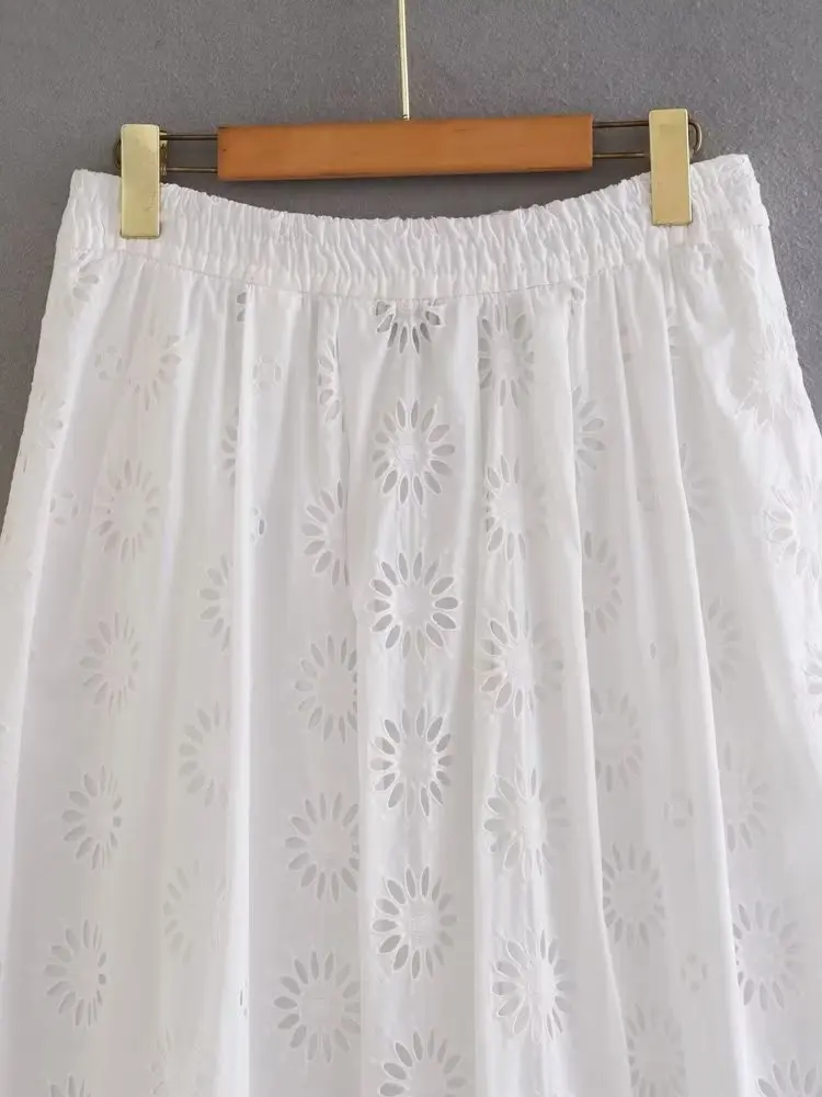 Kumsvag 2023 Women Summer MIDI Skirts Sweet White Hollow Out Embroidery Elastic waist Female Elegant Street Loose Skirt Clothing