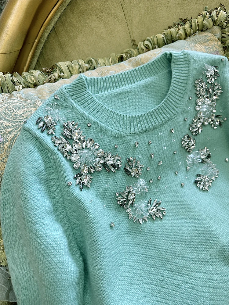 Fashion 2024 Early Spring Short-Sleeve Sweaters Fashion Rhinestone Flower Emboridered Girl's Knitted Tops Pullover Knitwears