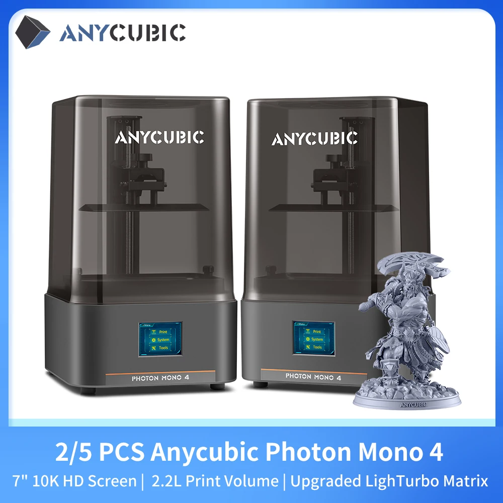 

2 шт. ANYCUBIC Photon Mono 4 3D-принтер 10K 7 дюймов экранные принтеры высокой четкости высокоскоростная УФ-смола 3D-печать Размер 153×87×165 мм