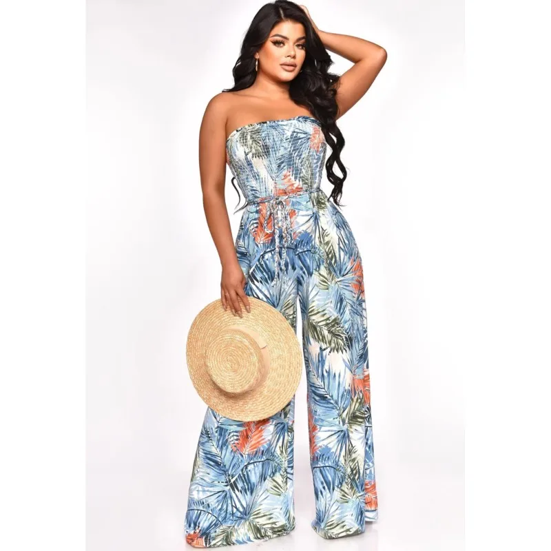 

Summer Strapless Wide Leg Print Jumpsuit Bohemia Holidays Elegant Slim Romper Beach Vintage Overalls Women Streetwear Clothing