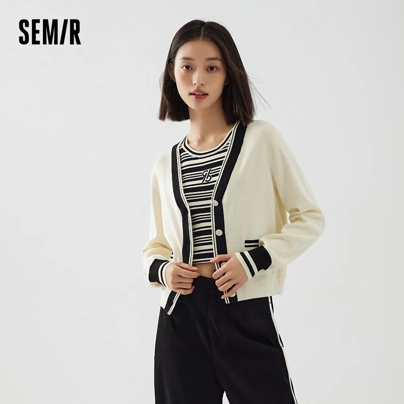 Semir Permanent Joint Knit Cardigan Women Short V-Neck Sweater Lady Autumn Fashion Trendy Contrast Color Temperament Top