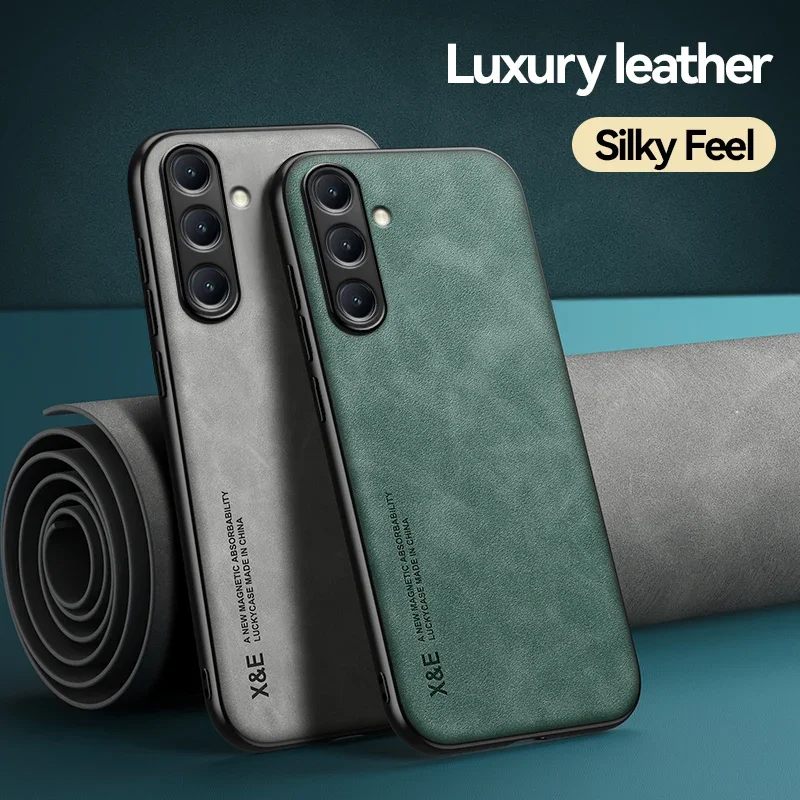 Luxury Leather Phone Case for Samsung Galaxy S24 FE S25 S23 Plus S22 S21 S20 Ultra S10E Cover with Metal Plate Support Car Hold