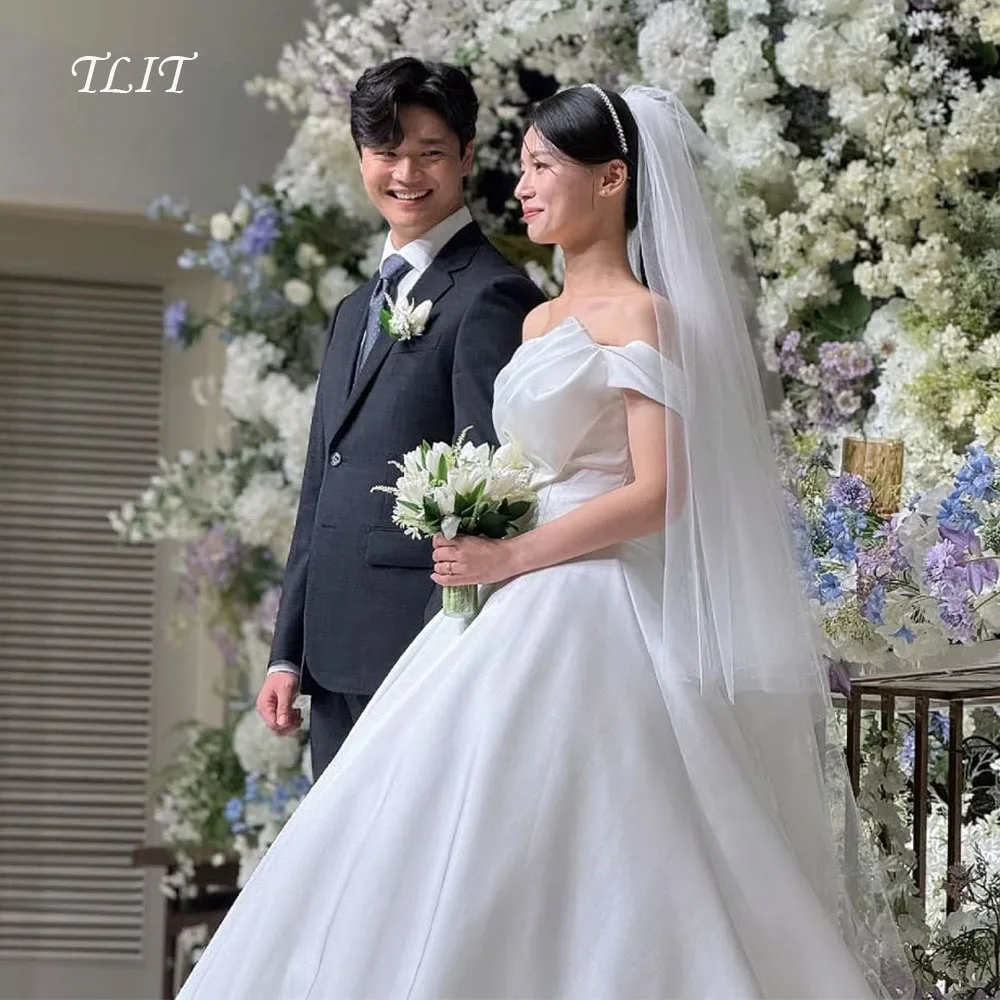 TLIT 우아한 화이트 실크 새틴 웨딩 드레스 스트랩리스 원숄더 신부 드레스 한국 웨딩 드레스 사진 촬영 맞춤 제작