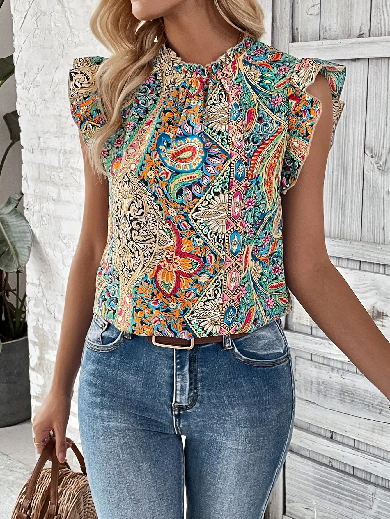 Summer women's retro casual ethnic style printed short sleeved top Bohemian style women's top butterfly sleeves