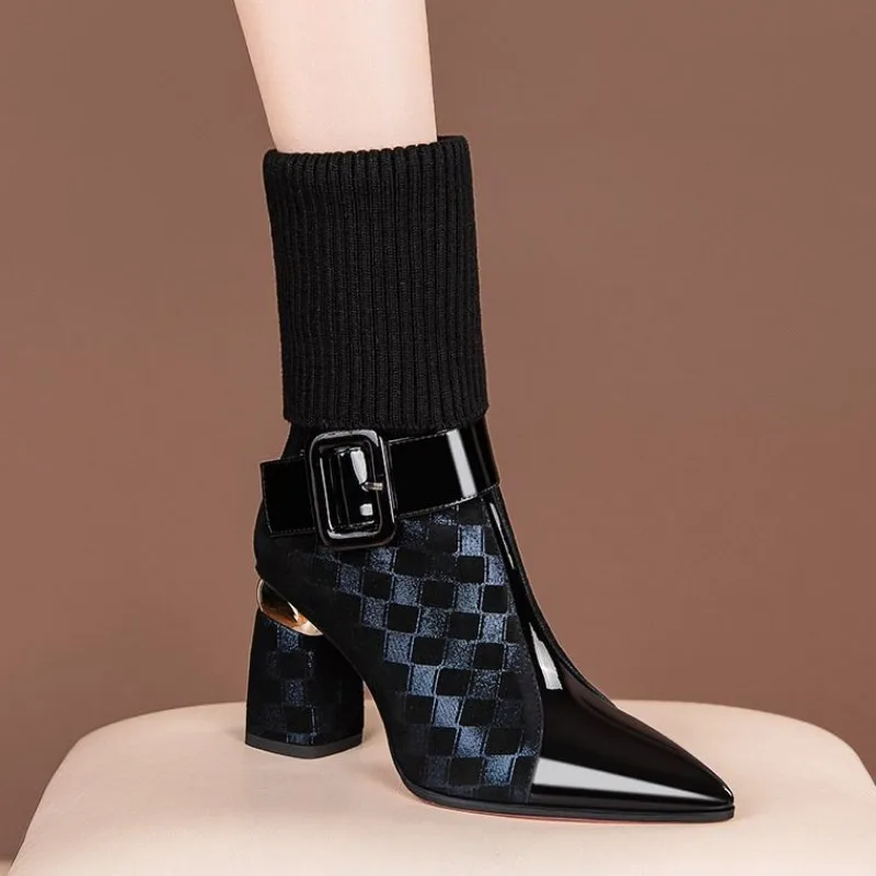 Dziewiarskie wysokie obcasy Chelsea Boots kostki kobiety seksowne szpiczaste buty z palcami zimowe 2024 nowe designerskie botki na zamek