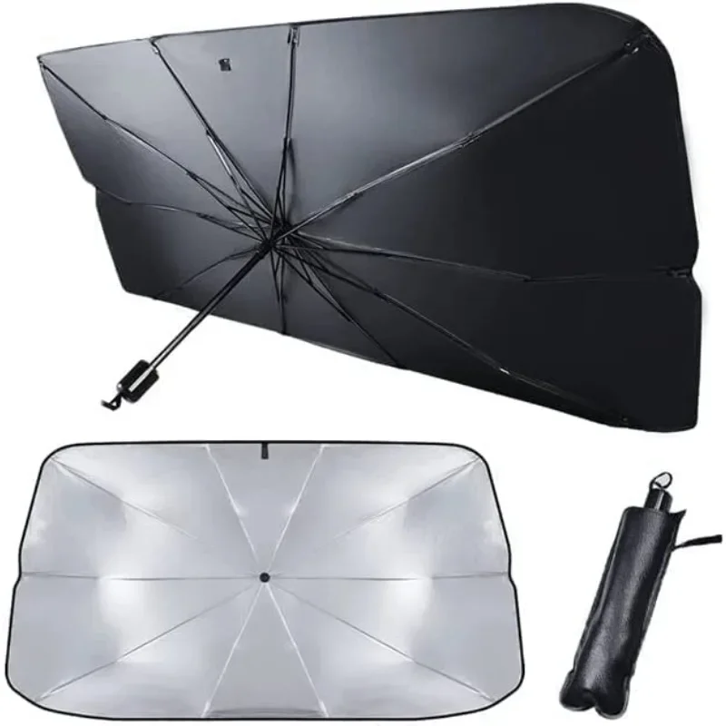 Windshield parasols fold the front windshield of a car for UV blocking and thermal insulation protection