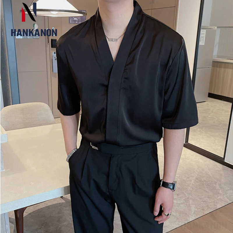 2024 New Satin Silk Versatile Collarless Short-Sleeved Shirt for Men, Stage Performance V-Neck Shirt, Youth Fashion Shirt.M-2XL