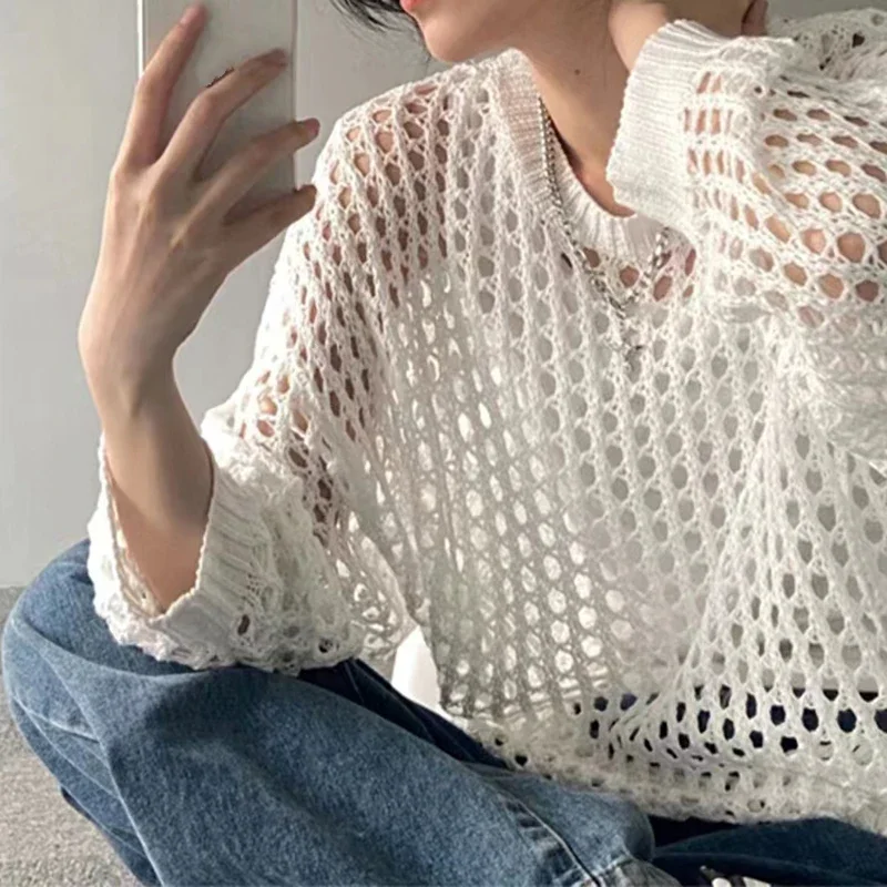 Women Hollow Out Loose Shirt Long Sleeve Chic T-shirts O-Neck Casual Knit Tees See Through Tops For Women 2024 Spring