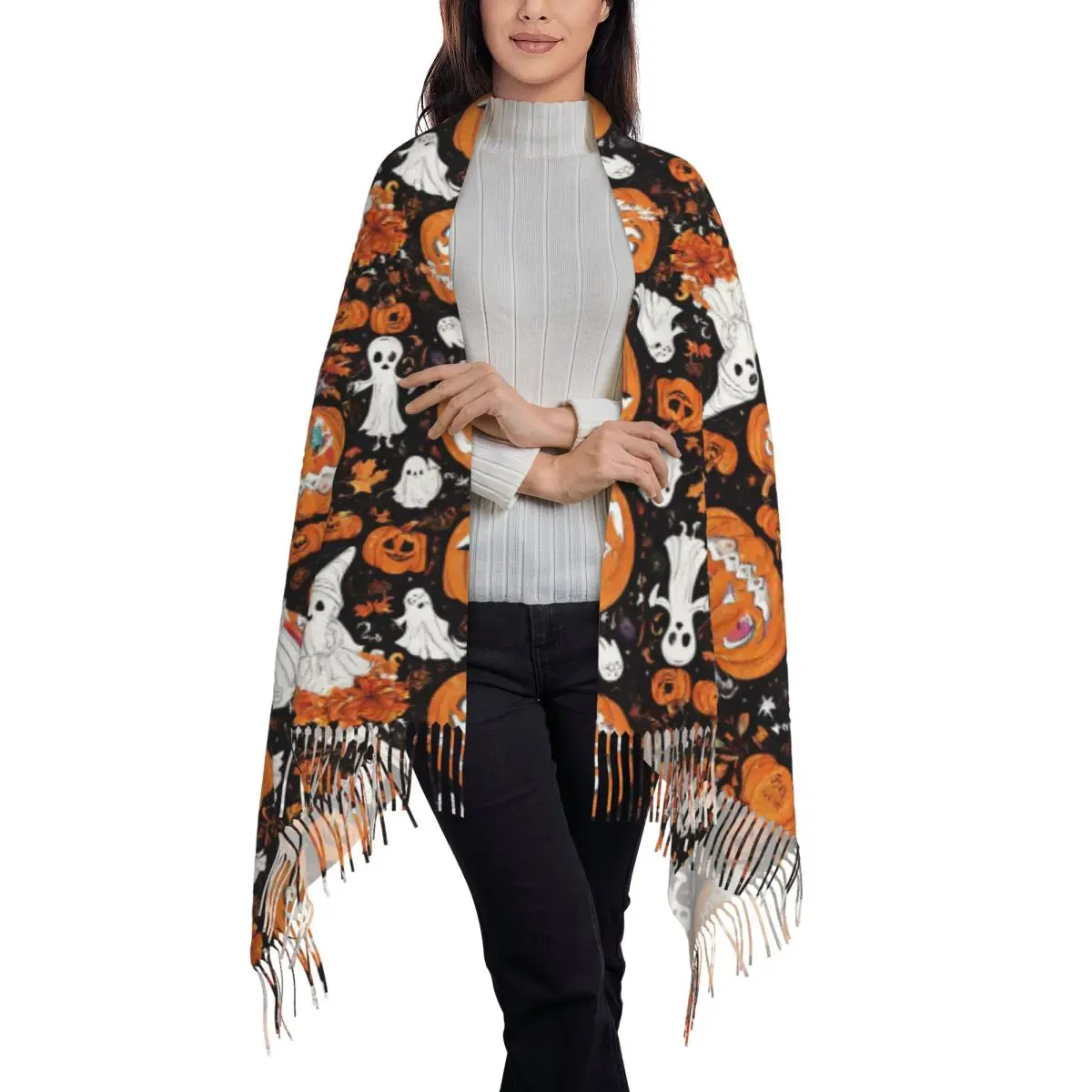 Halloween Pumpkin Ghost Witch Bat Castle Scarf Tassel Scarves for Women Soft Warm Shawls and Wraps Long Fall Winter Shawl Wrap