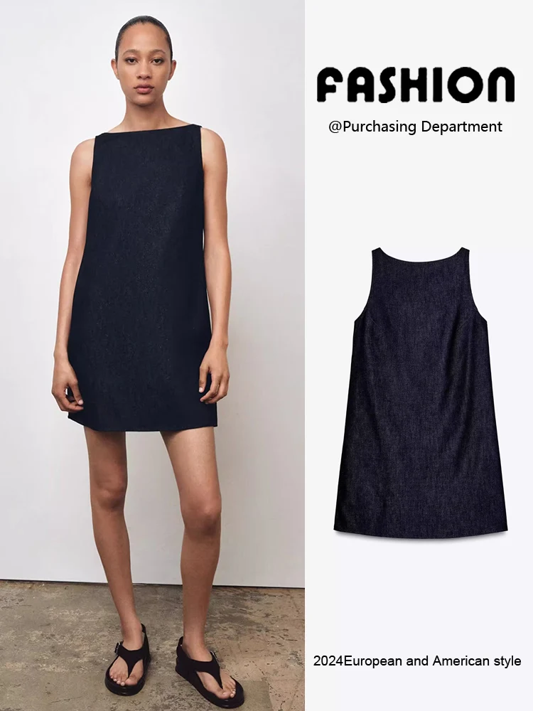 Faionable Bal ort Denim Dr ZA2025 New Summer Women's Clothing Svel Versatile Dr for Par Pure Color