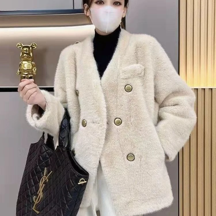 Winter Nieuwe Effen Kleur V-hals Lange Mouw Mode Uitloper Vrouwen High Street Casual Losse Knop Vest All-Match Dikke tops