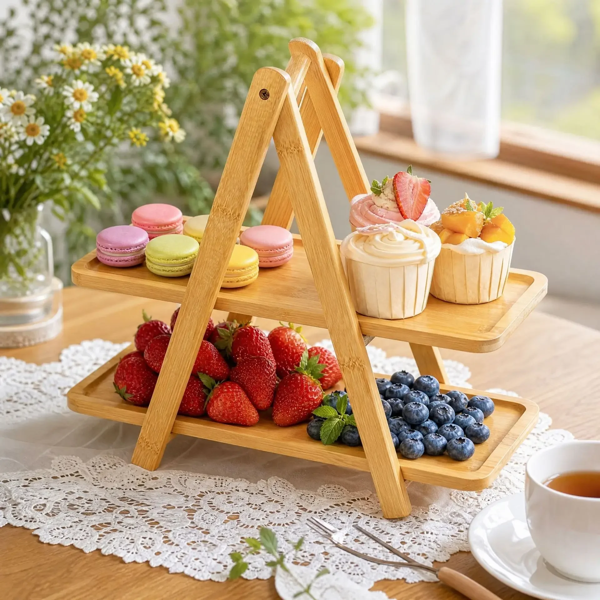 Foldable Bamboo Serving Tray Stand Natural Fruit Dessert Cake Display Rack Multilayer Snack Storage Organizer for Kitchen Party
