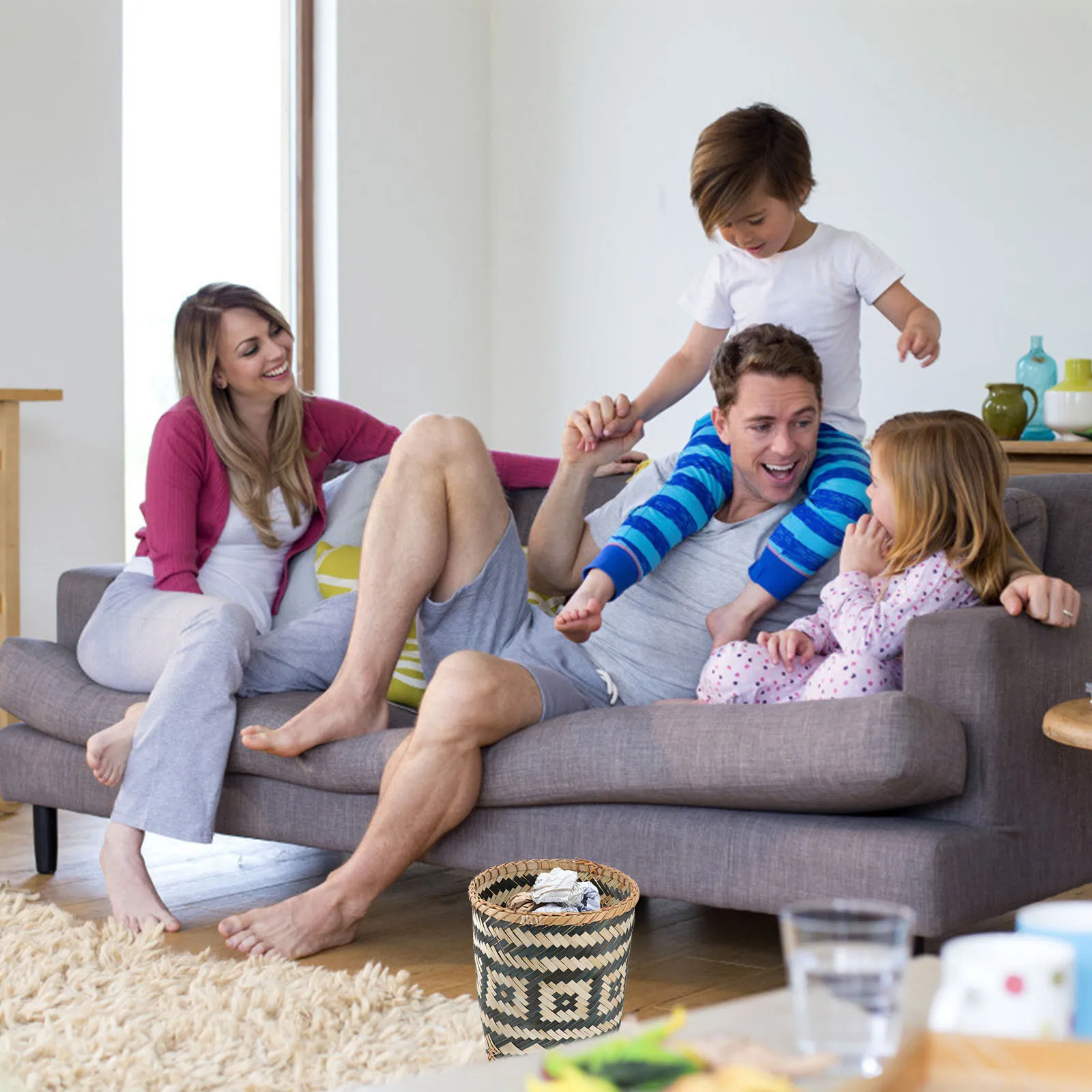 

1Pcs Bamboo Woven Trash Basket Handmade Storage Organizer for Household Kitchen Bedroom Bathroom Decorative Waste