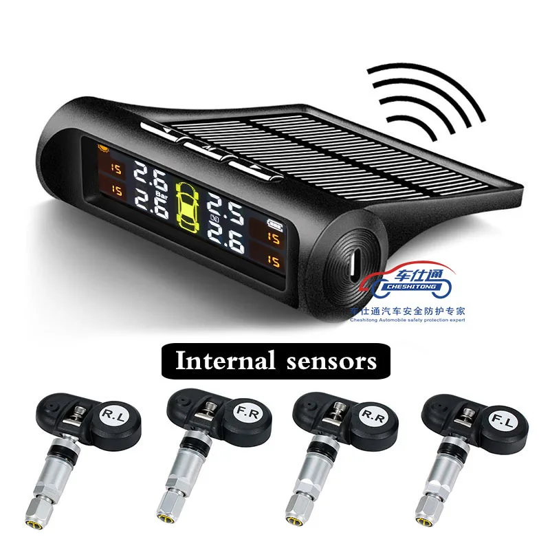Solar Car Tire Pressure Monitoring System TPMS with 4 External or Internal Sensors, Digital Display, Voice Alarm, 0-5.6 Bar