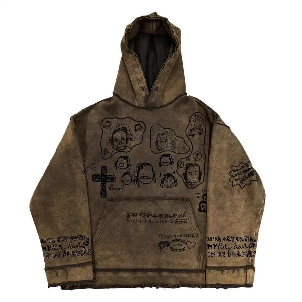

Man Hoodies 2025 Vintage Full Body Graffiti High-end Distressed Washed Destroyed Hooded Sweatshirt