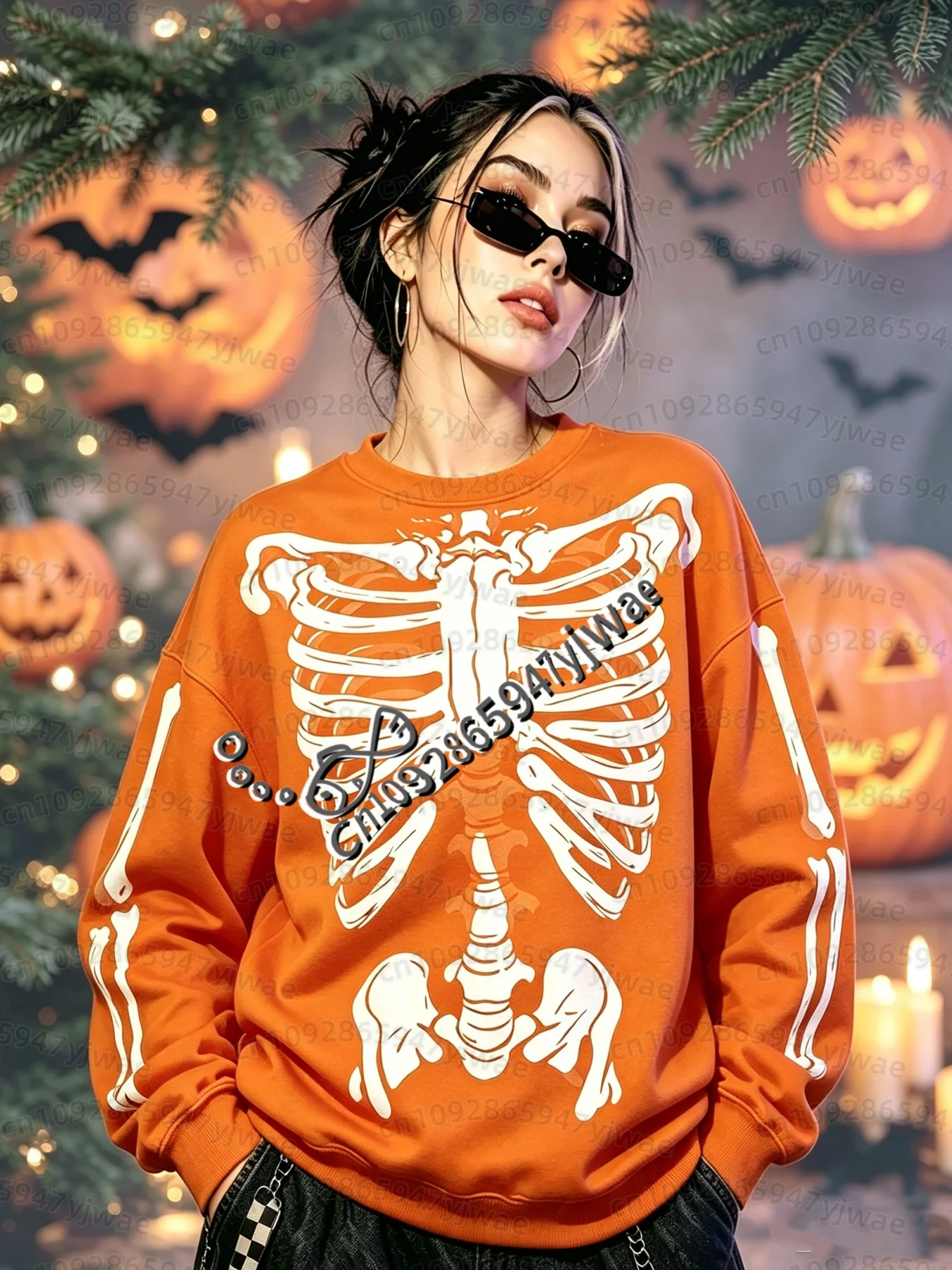 26 Damen Grunge Y2k Oberteile Mädchen Y2k Sweatshirt Goth Damen Hoodies Halloween Cosplay Skelett Knochen Vintage O-Neck Sweatshirt – Detail 9