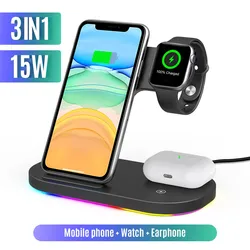 Wireless Charger Stand Induction Fast Charging Station 15W 3 in 1 For iPhone 15 14 13 Pro Max Apple Watch SE Galaxy Buds Airpods