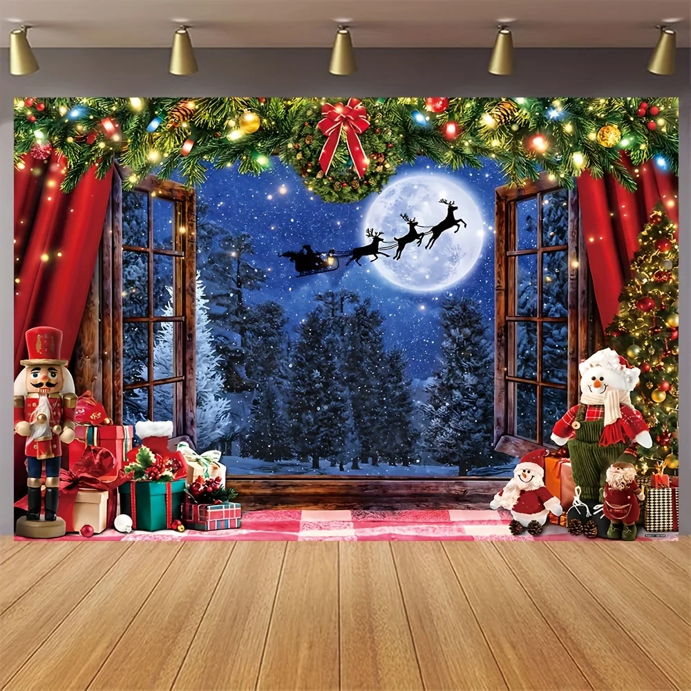 Christmas Backdrop Banner with Santa Sleigh Reindeer Design Photography Background for Holiday Parties