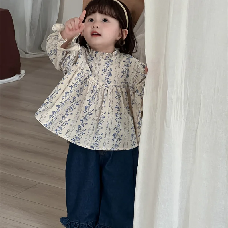 Blouses Autumn New Children Broken Flowers Puff Sleeve Shirt Girl Korea Long Sleeves Fresh Shirt 2024 Sweet Simple